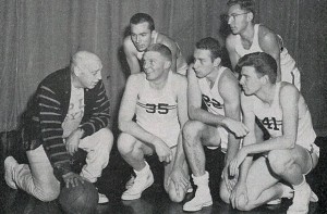 Coach Cappy Cappon in 1958 with, from left, Jim Brangan â60, David Fulcomer â58, Carl Belz â59, Artie Klein â60, and Joseph Burns â59. Herman Belz â59 replaced Fulcomer in the 1958-59 âiron five.â (Photo: PAW Archiv