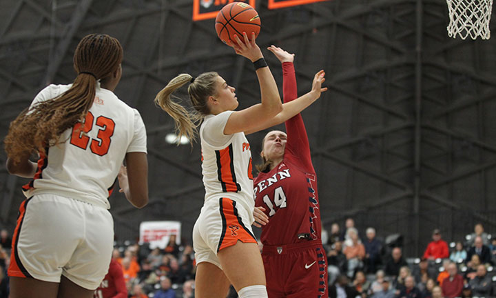 Princeton player shooting with one hand against defender