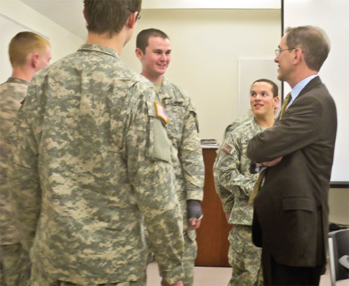 Meeting with Army ROTC students at the Tiger Battalion headquarters.