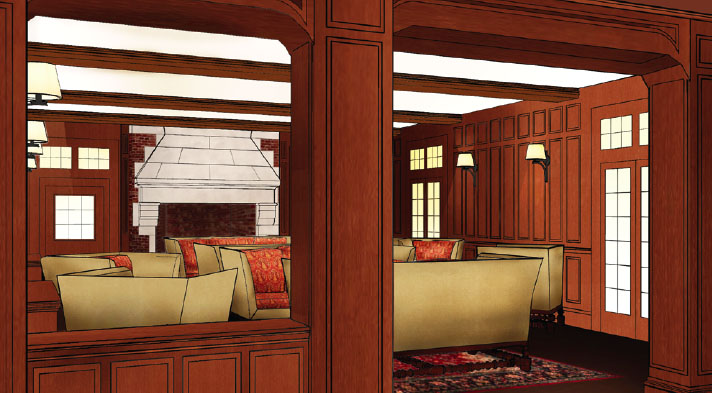 Architect’s rendering of Campus Club’s refurbished living room. 