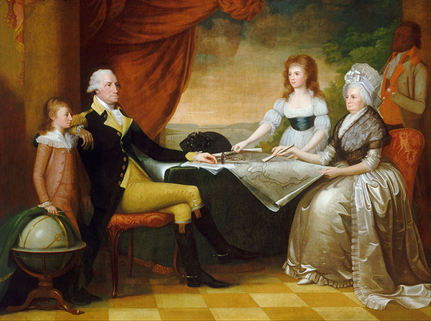 The Washington Family, by Edward Savage, part of the Mellon Collection at the National Gallery of Art, shows the first president with wife Martha, her granddaughter Eleanor, and grandson George Washington Parke Custis, then 10 years old.