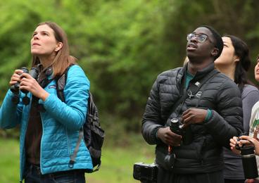 Three students and one professor are in the woods, looking up into the trees. Several hold binoculars and cameras.