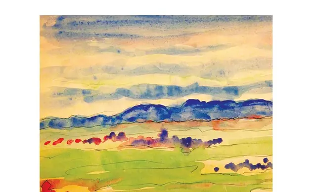 Book cover of Selected Poetry Book VIII which includes a water color landscape. 