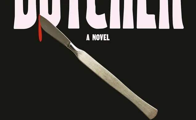 ButcherOates.jpg Book cover of Butcher by Joyce Carol Oates which is black with white test and a knife dripping blood