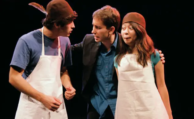 From left, Tyler Lawrence ’16, Mikhail Tikhonov GS, and Remi Yamazaki ’14 perform in Molière’s “L’Ecole des Femmes,” staged by the campus group L’Avant-Scène.