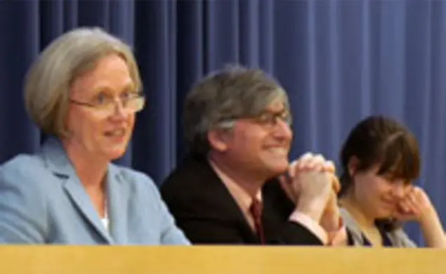 From left, President Tilghman, Professor Gideon Rosen *92, and Amy Solomon ’14.