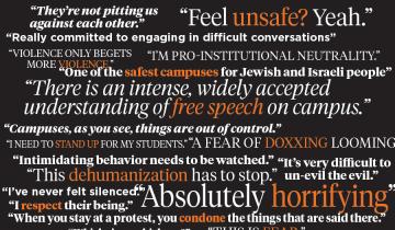 Word art featuring quotes from the story, including "Campuses, as you see, things are out of control," and "I need to stand up for my students."