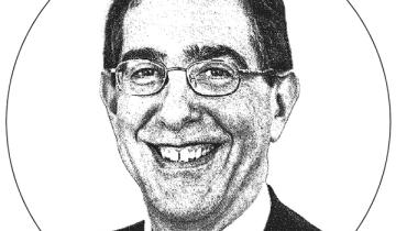Black-and-white photo of Christopher Eisgruber ’83 in a circle 