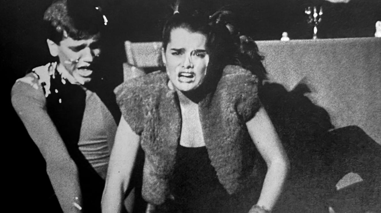 Black and white photo of the 1984 Triangle show "Revel Without a pause", starring Brooke Shields ’87