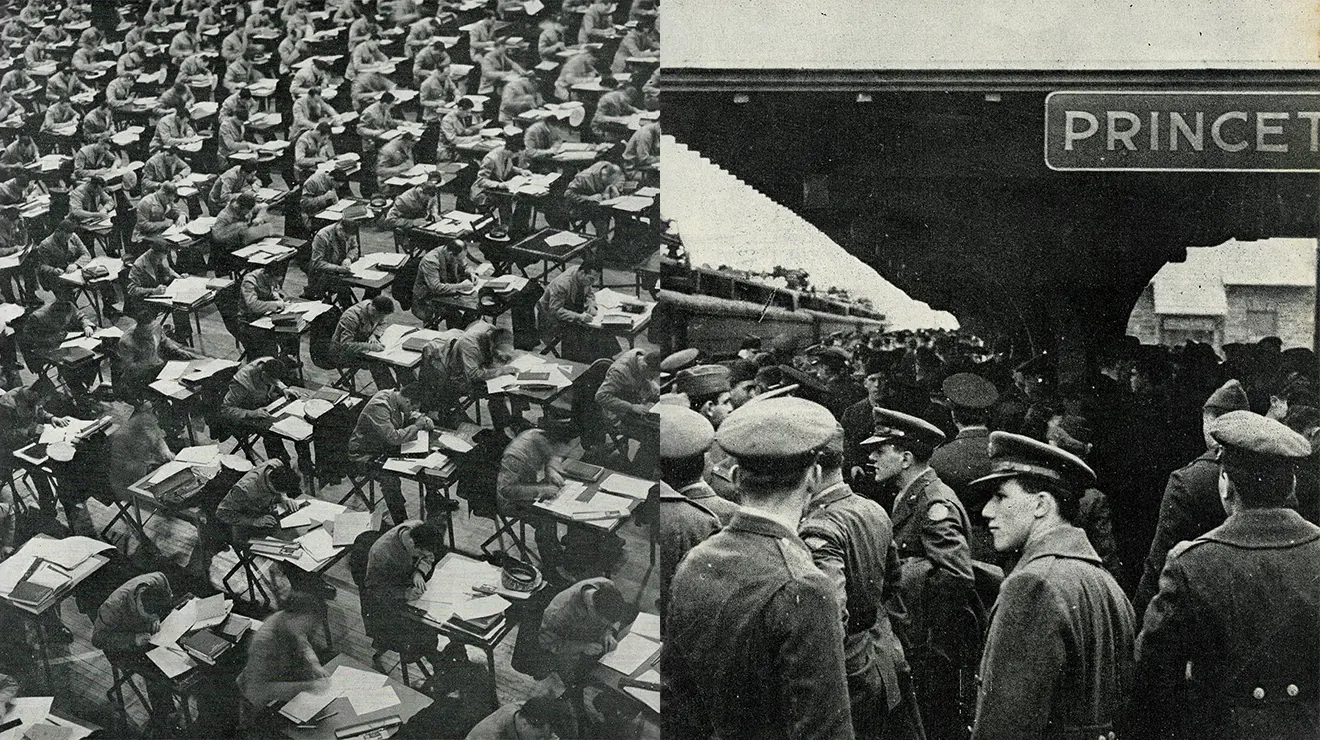 6-war-years.png Two photos - left shows students in rows of desks taking an exam, right shows soldiers waiting for a train in Princeton