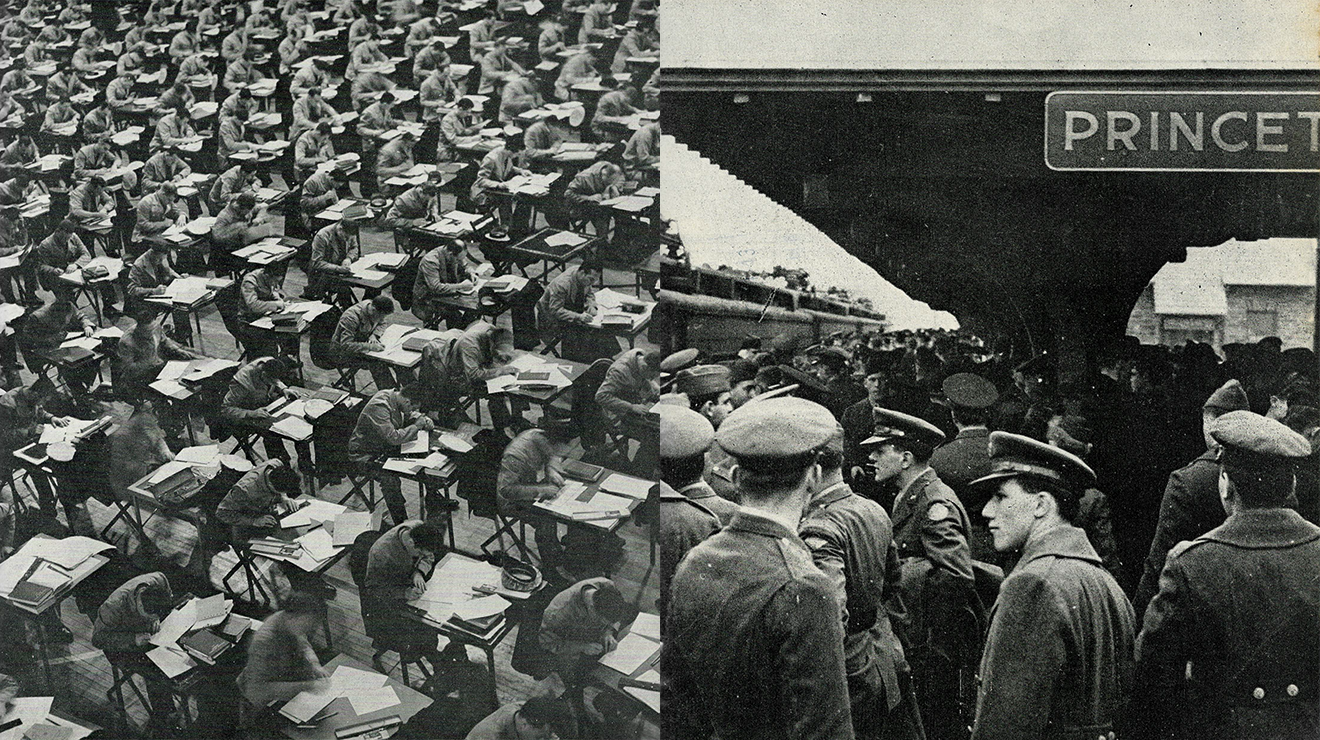 Two photos - left shows students in rows of desks taking an exam, right shows soldiers waiting for a train in Princeton