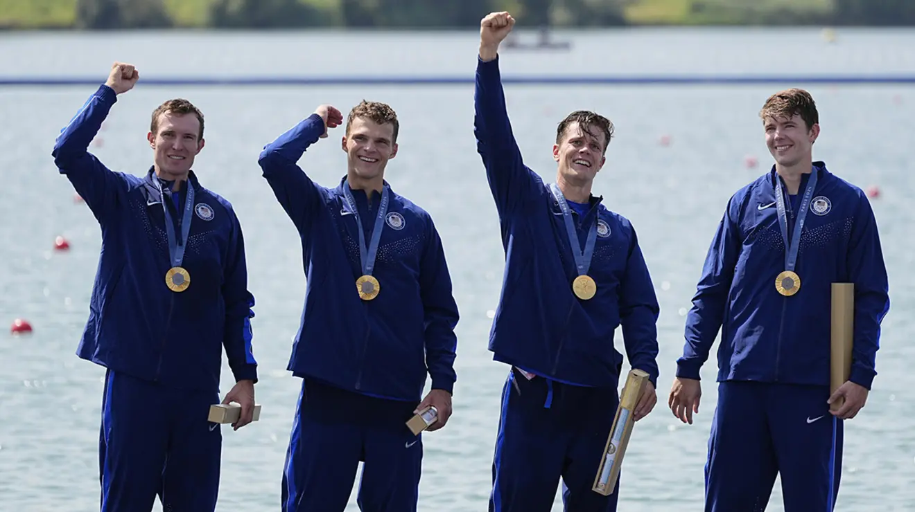 Gold medalist Nick Mead ’17, right, celebrates with U.S. men’s four teammates, from left, Liam Corrigan, Michael Grady, and Justin Best.