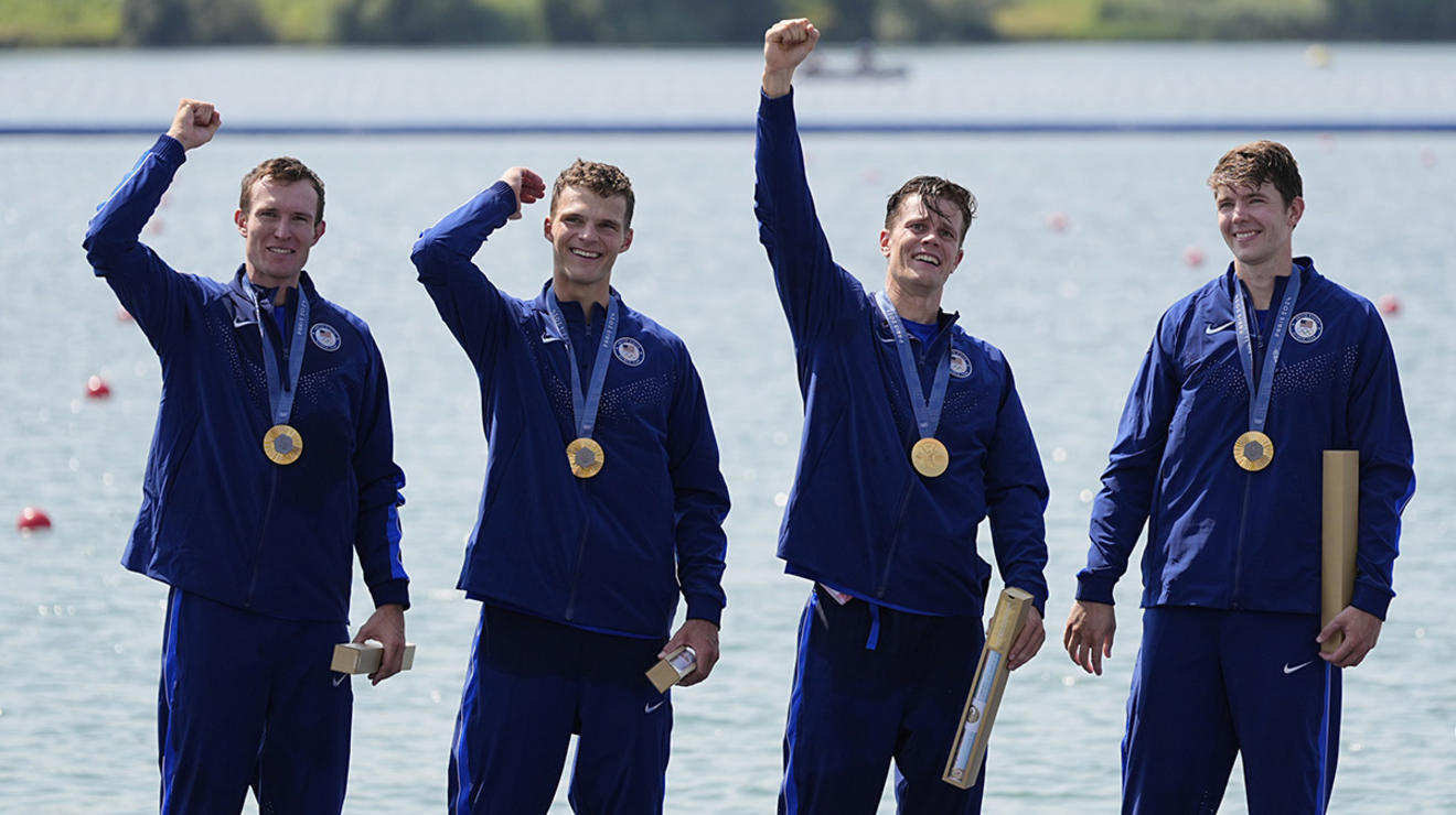 Gold medalist Nick Mead ’17, right, celebrates with U.S. men’s four teammates, from left, Liam Corrigan, Michael Grady, and Justin Best.