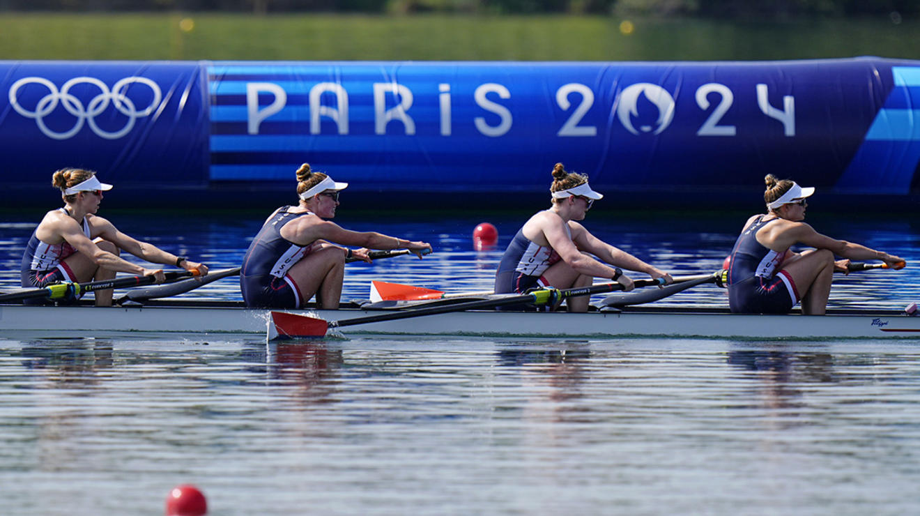  From left, Emily Kallfelz ’19, Kelsey Reelick ’14, Daisy Mazzio-Manson, and Kate Knifton of the Unites States compete in women’s four during the Paris 2024 Olympic Summer Games at Vaires-sur-Marne Nautical Stadium.