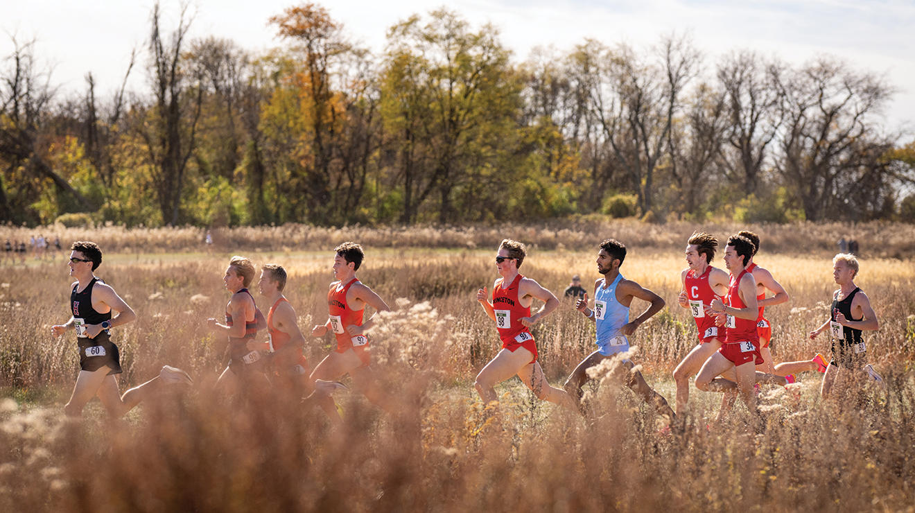A track team runs through a field of golden grass.