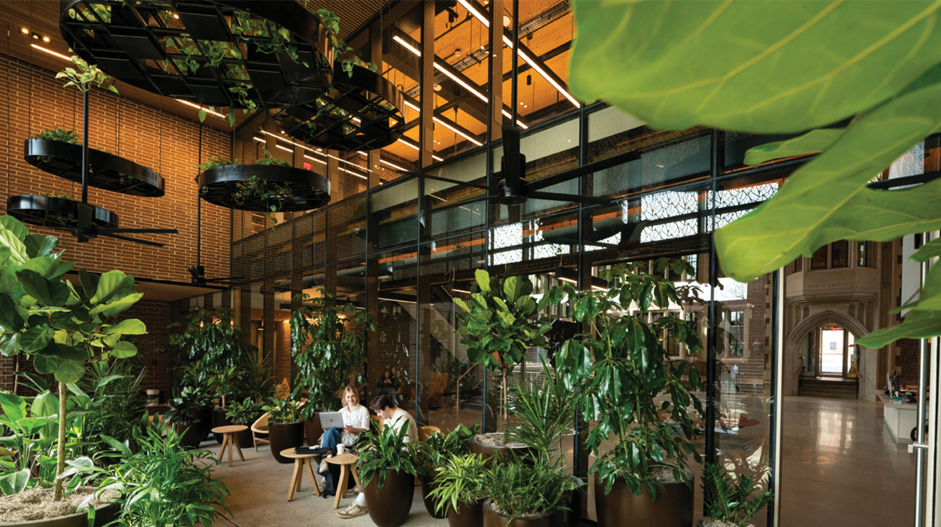 Students surrounded by plants in the Frist Heath Center's Winter Garden