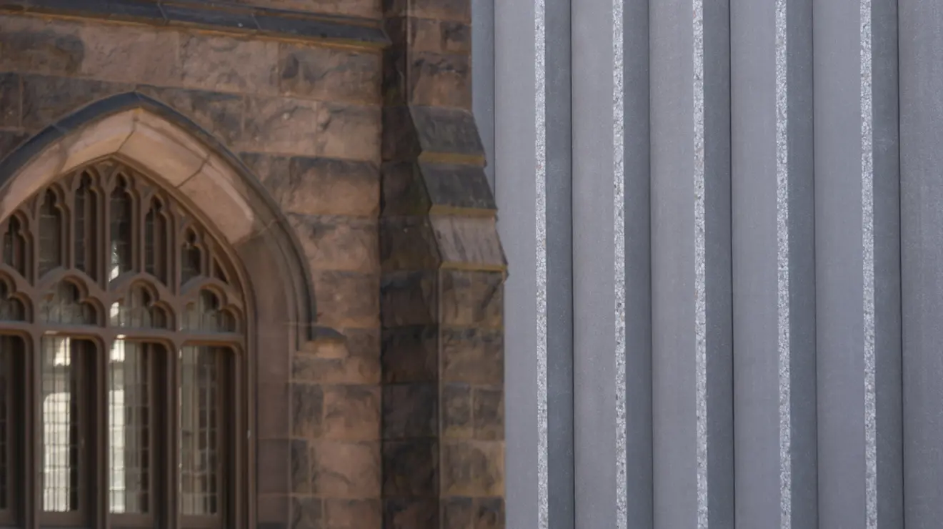 Architectural detail of the new Princeton University Art Museum contrasted against the collegiate gothic style
