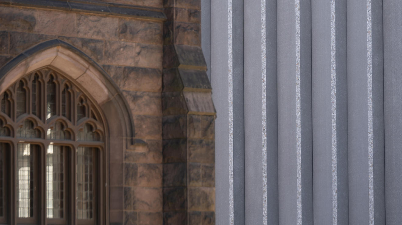 Architectural detail of the new Princeton University Art Museum contrasted against the collegiate gothic style