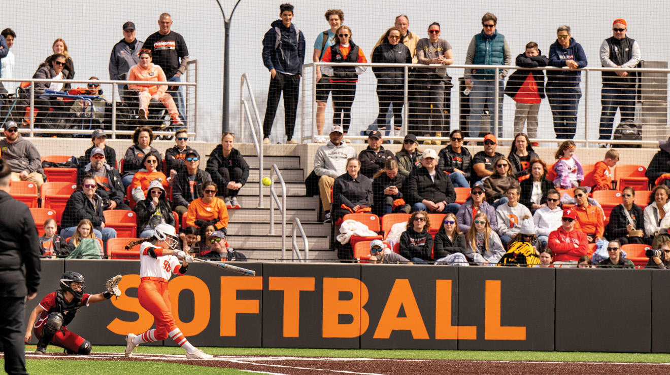 Shortstop Julia Dumais ’26 connects with a pitch in the opening game at Cynthia Lynn Paul ’94 Field, the new home of Princeton softball. The Tigers swept Harvard in a three-game series March 22 and 23.