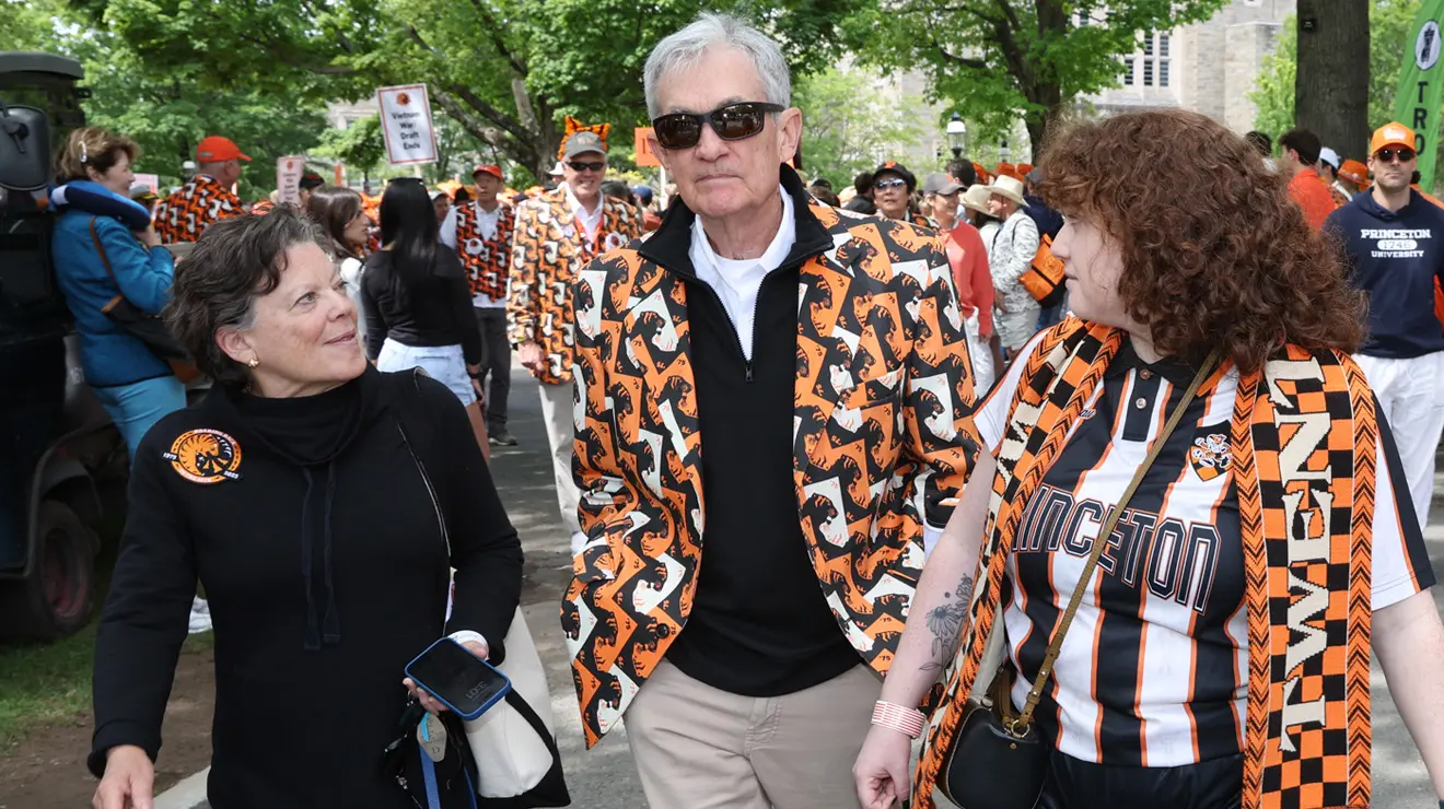 Federal Reserve Chairman Jerome Powell wears his class jacket at the P-rade.