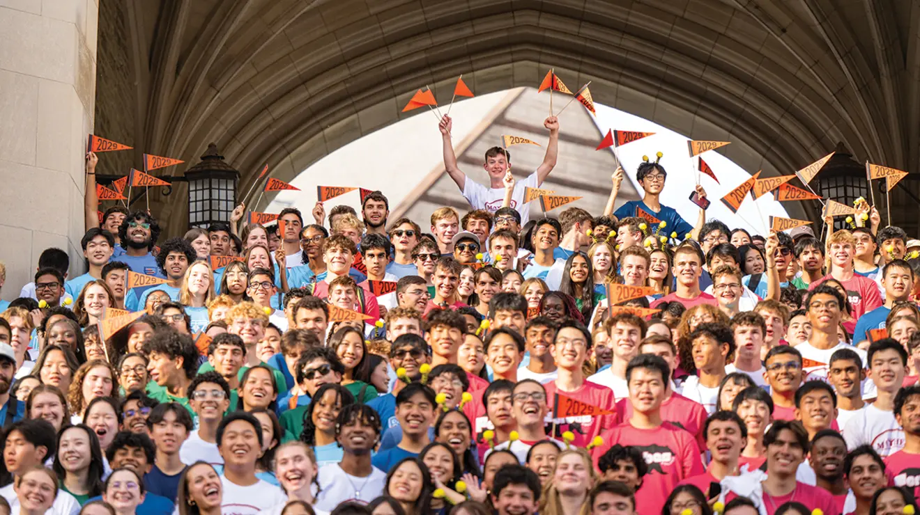 Students cluster under Blair Arch for the 2025 Step Sing.
