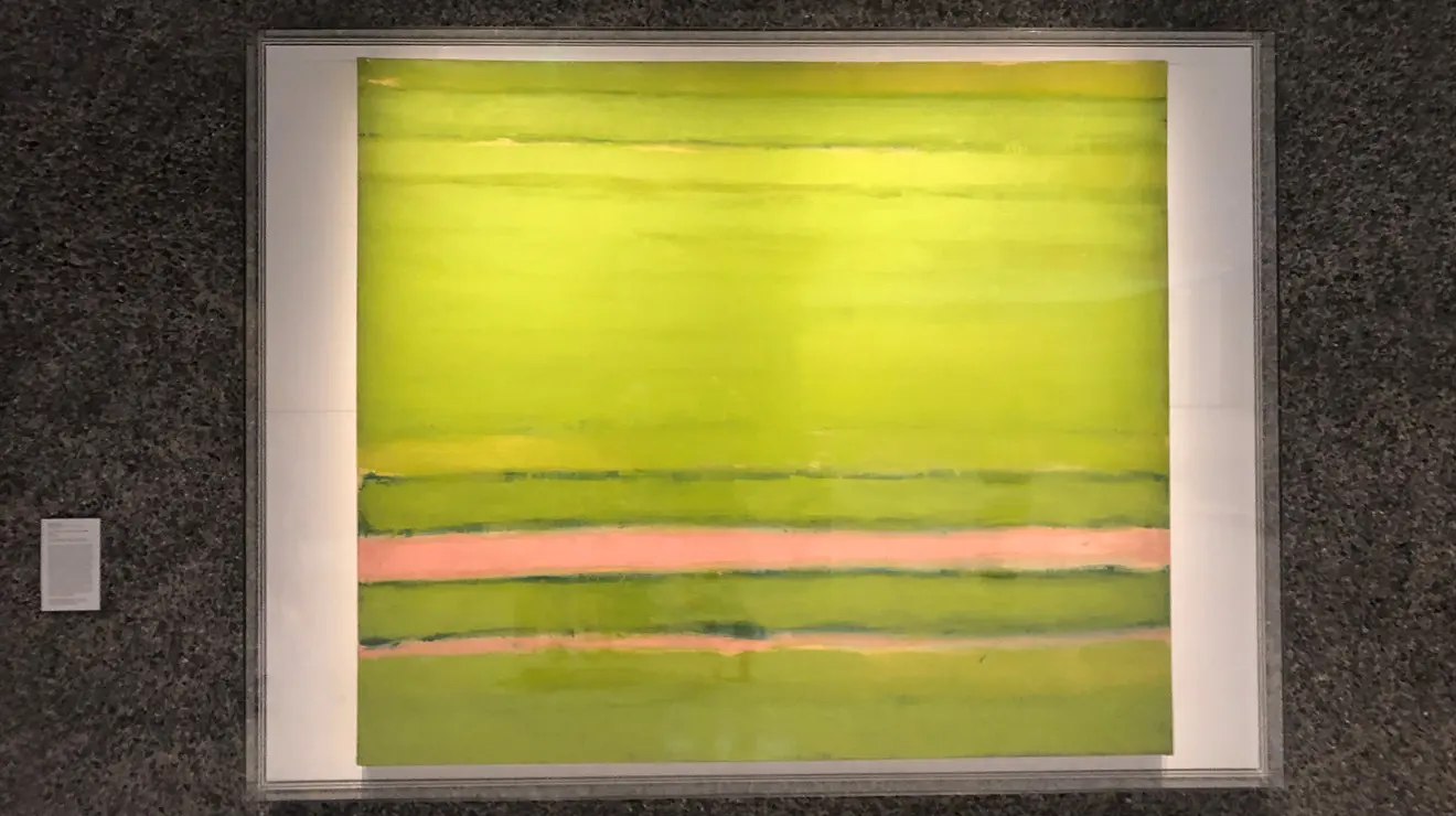 ART_Plum Island_Frank Stella.jpg Frank Stella '58's Plum Island (Luncheon on the Grass) painting large rectangle on various bright green hues with two pink horizontal stripes of pink acorss bottom third of painting