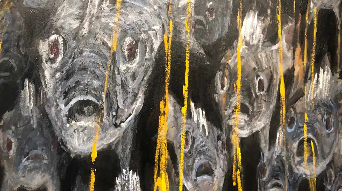 ART_Zhang Hongtu_Fish.jpg A black-white-and-yellow painting of fish with gaping mouths.