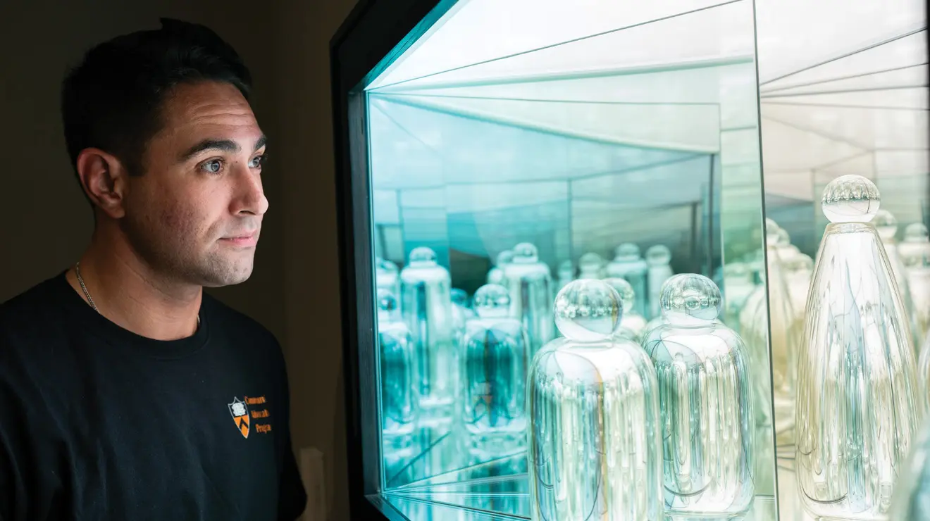 PAUM OPENING_Glowing glass.jpg A man looks over glowing glass sculptures during opening night at the Princeton University Art Museum.