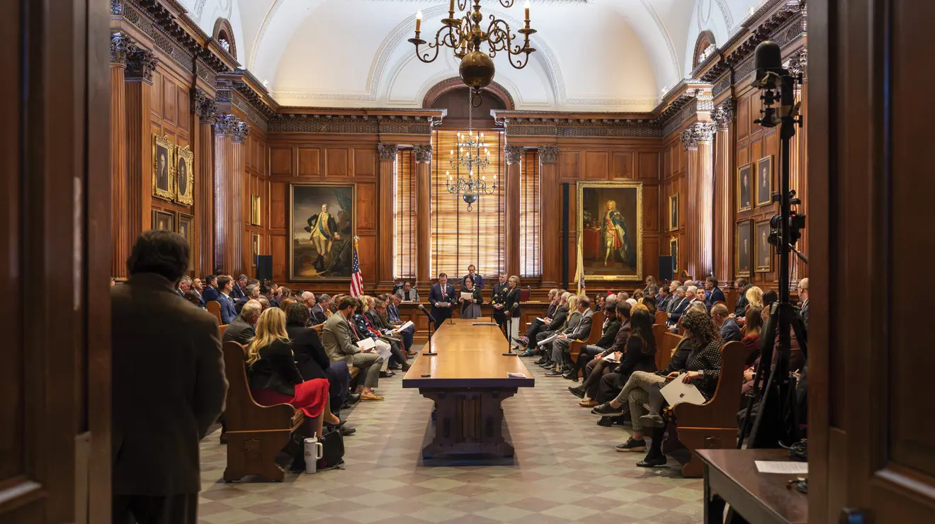 OTC_STATE SEMIQUINCENTENNIAL.jpg Members of the New Jersey General Assembly and Senate convened in the Faculty Room of Nassau Hall on Feb. 5 for a special ceremonial session marking 250 years since the legislature’s first official meeting there on Aug. 27, 1776. Assembly Speaker Craig J. Coughlin described the event as “a return to our beginnings … at the dawn of a new and uncertain democracy.”