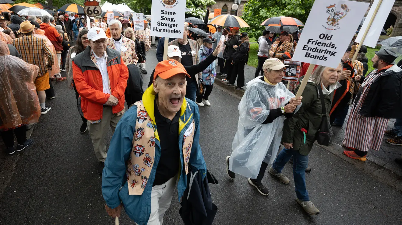 A man cheers in the P-rade.