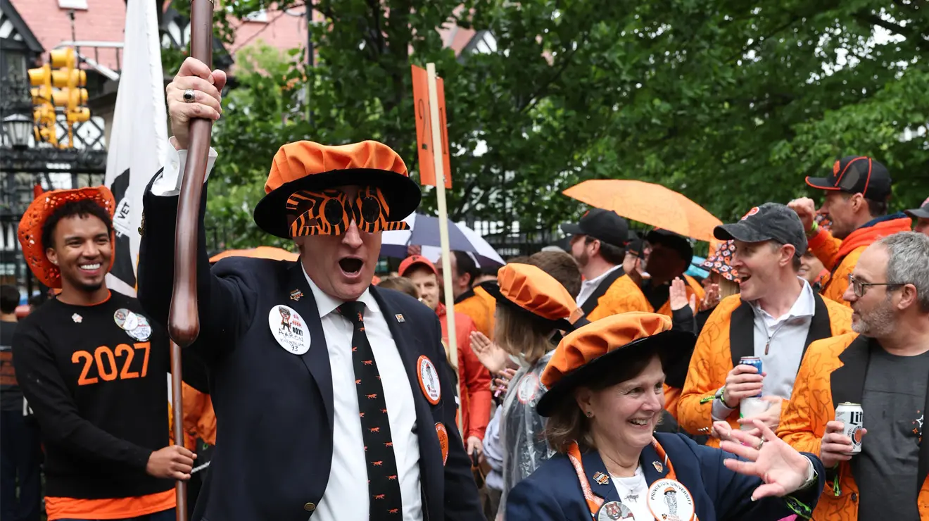 Marshalls cheer as they march in the P-rade.