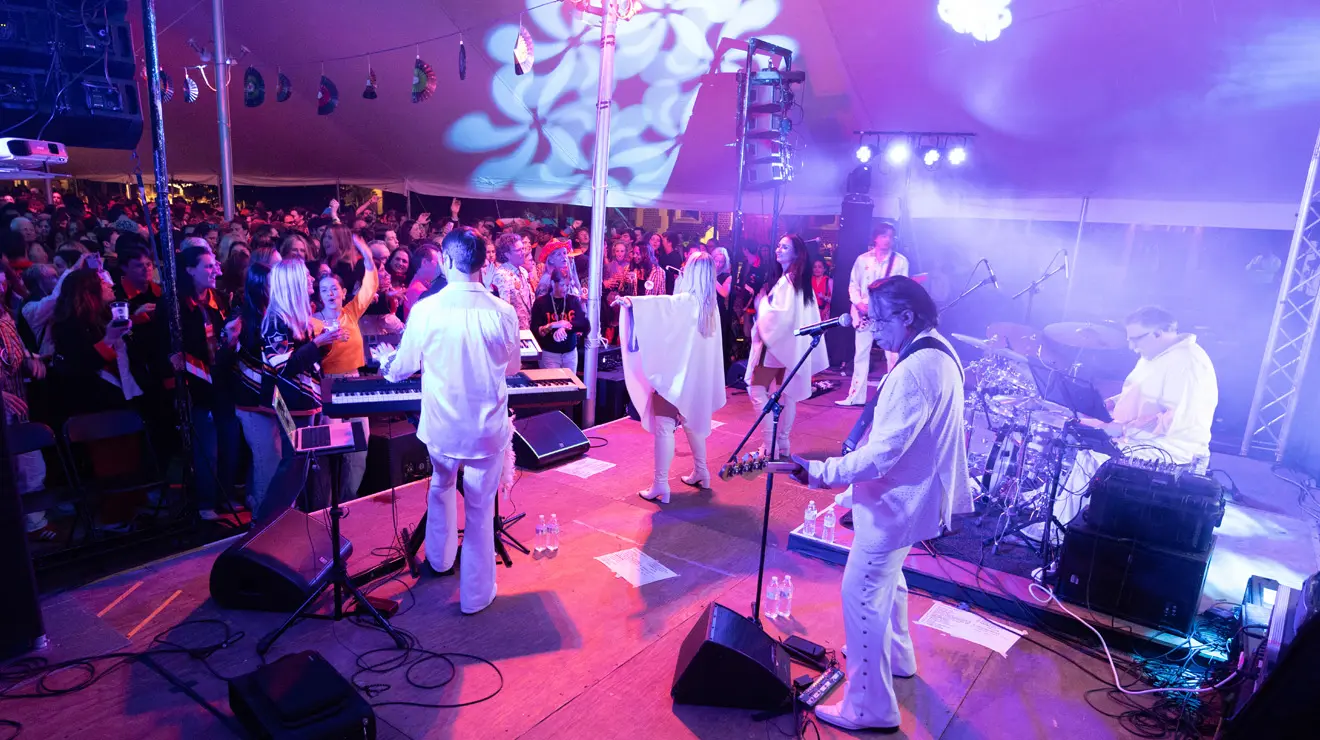 REUNIONS_ABBA Band.jpg ABBA tribute band Dancing Dream gets the party started at the Class of 1986’s tent on Friday.