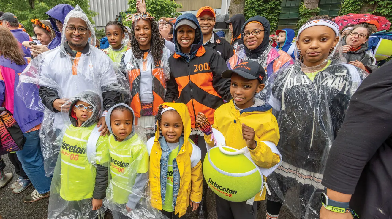 REUNIONS_Class of 2006.jpg From left in beer jackets, Elenoe “Crew” Smith ’06, Patrice Ryce ’06, Erica Jones ’06, and family embrace the tennis theme.