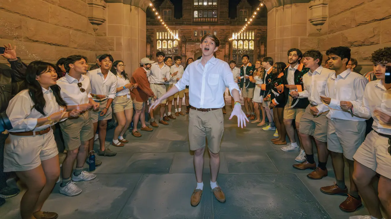 REUNIONS_Comedy Show.jpg Morgan Taylor ’27 and the Footnotes perform at a comedy show hosted in the East Pyne Arch by the Association of Jewish Princeton Alumni.