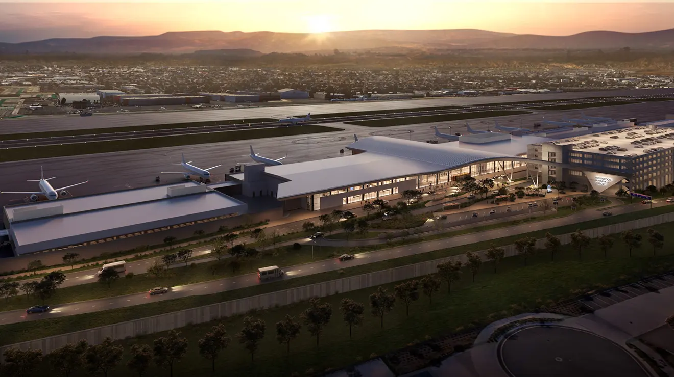 TOW_JaniceLee_Airport6.jpg A rendering of a drone photo of the sun setting behind the new Hollywood Burbank Airport.