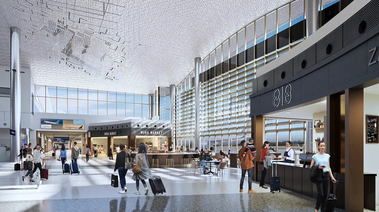 TOW_JaniceLee_BurbankAirport2.jpg A rendering of a hallway inside the new Hollywood Burbank Airport.
