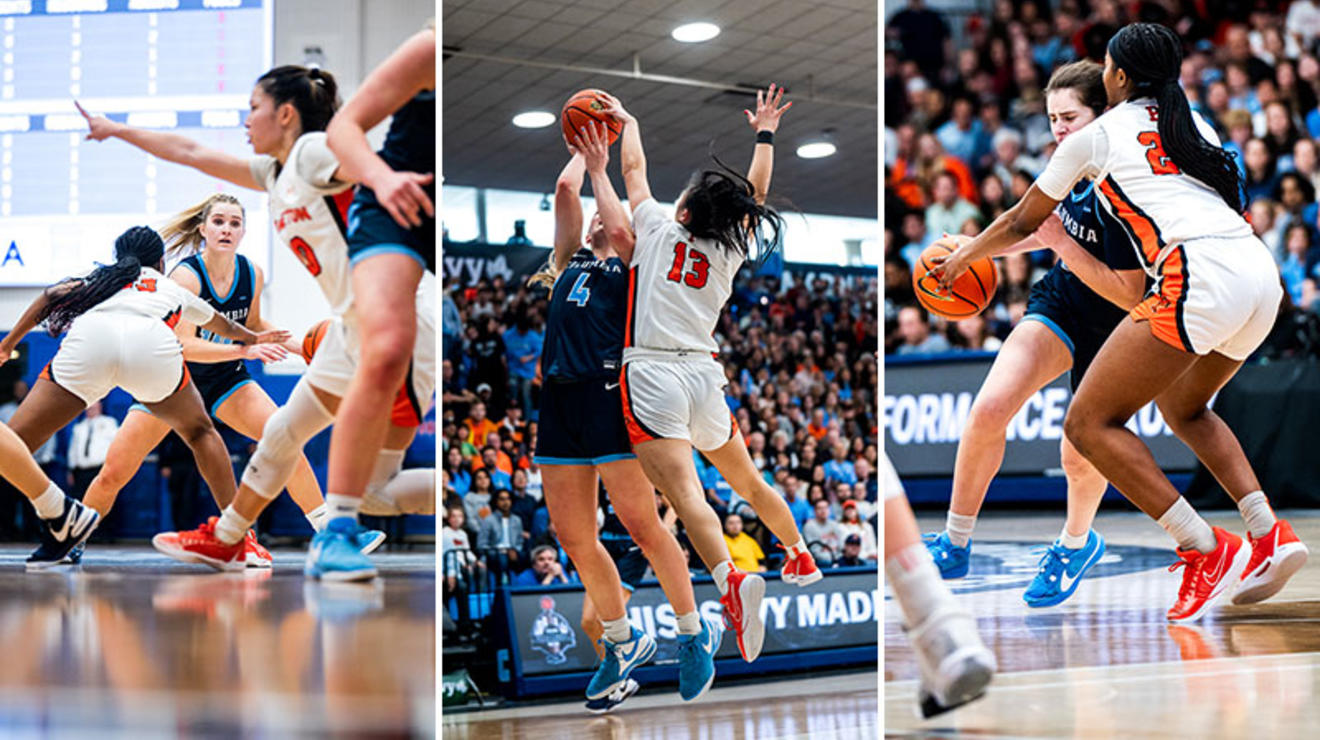 Three views of defense: Kaitlyn Chen ’24 steps into the passing lane, Ashley Chea ’27 rises for a block; Madison St. Rose ’26 reaches to try for a steal.