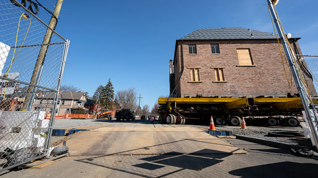 A street-level view of the former Court Club up on wheels.