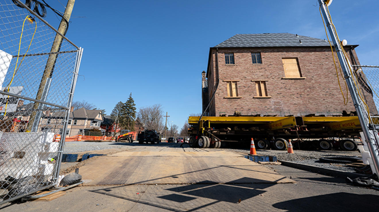 A street-level view of the former Court Club up on wheels.