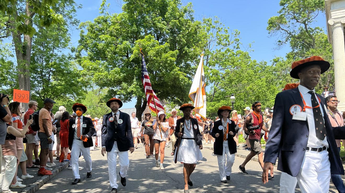 Marshals open the P-rade, with flag-bearers right behind.