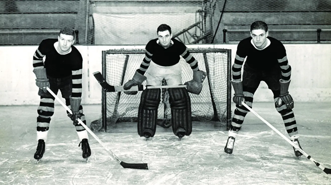 SPORTS_Baker_1930-a players.jpg Three Tigers, circa 1930, in front of Baker Rink’s distinctive stonework.