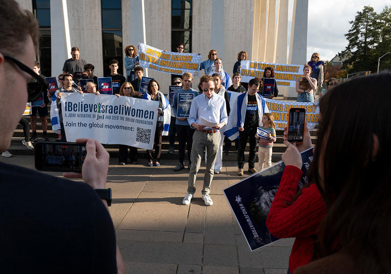 F_Albanese_22.jpg Maximillian Meyer ’27 speaks a to a group of protesters outside Robertson Hall