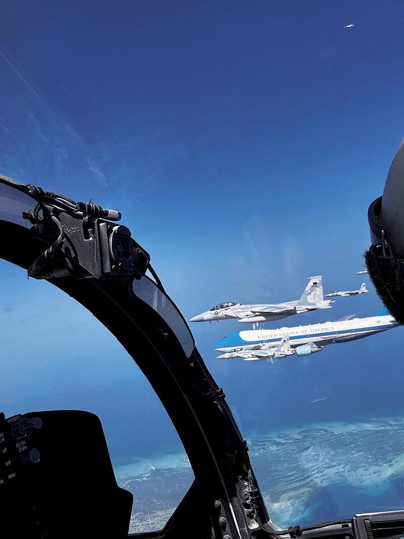 Holl and other fighter planes escort Air Force One  on President Trump’s trip to Qatar in May.