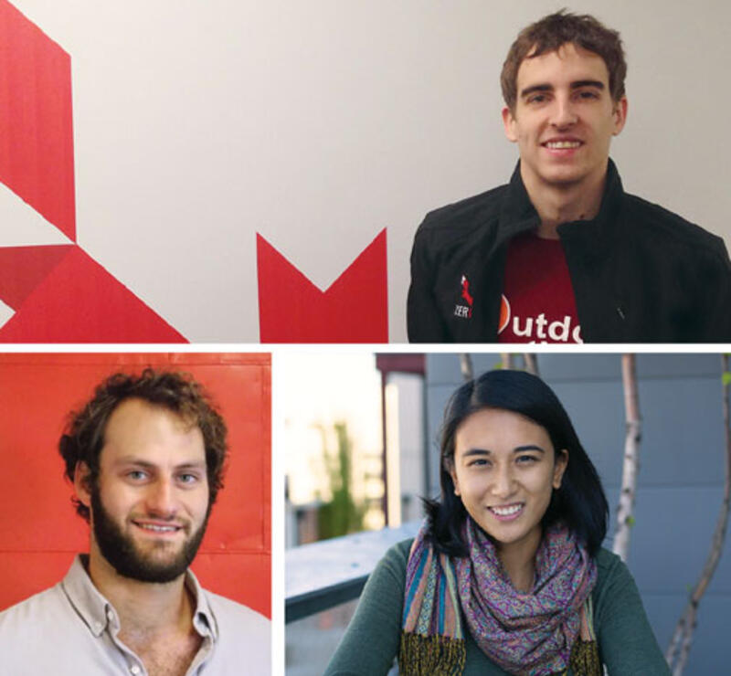 Clockwise from top: Wesley Verne &rsquo;13, at ZeroFOX in Baltimore; Eleanor Meegoda &rsquo;12, at Detroit Venture Partners; Ben Goldstein &rsquo;13, at Betaspring in Providence, R.I.