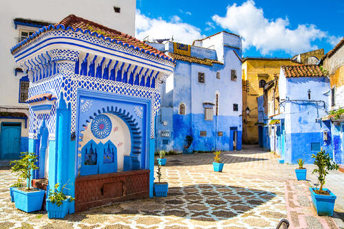 Tiger-Travels_Chefchaeouen-Morocco_Alaoui.jpeg Several blue buildings with intricate designs in the public square known as blue city of Chefchaouen in Morocco.