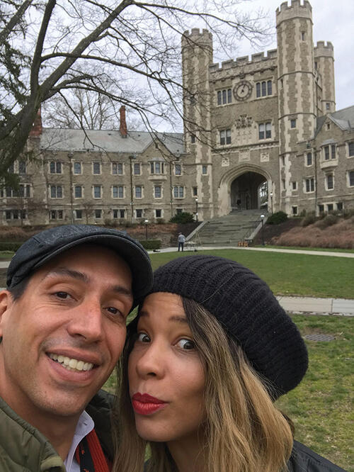 Feliciano and Jones had their first date in 1994 on campus and return often, including for this selfie taken in 2017. 