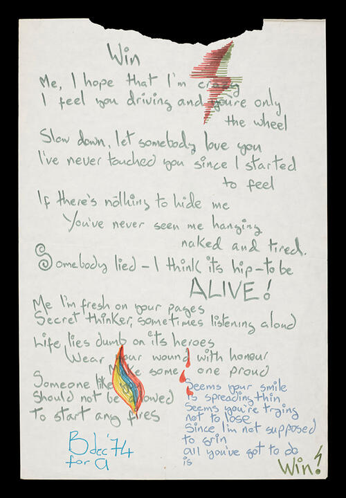 PRINCE_Lyrics for song ‘Win’ from album Young Americans. Written by David Bowie 1974. Image courtesy of the V&A copy.jpg handwritten lyrics from the song “Win” from the album Young Americans.