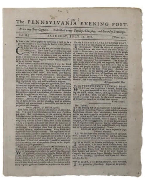 OTC_Student Dispatch Gazzet.jpg The Pennsylvania Evening Post from July 13, 1776, announced the news of the Declaration of Independence being read in New York and a statue of King George III being razed.