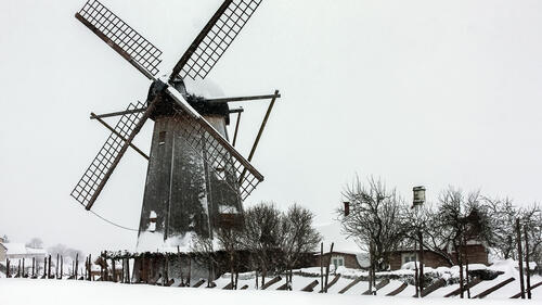 Windmill and several buildings covered in a white blanket of snow.