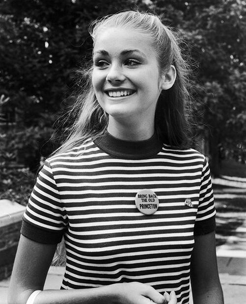 June Fletcher '73 wearing a button saying &lsquo;BRING BACK THE OLD PRINCETON"